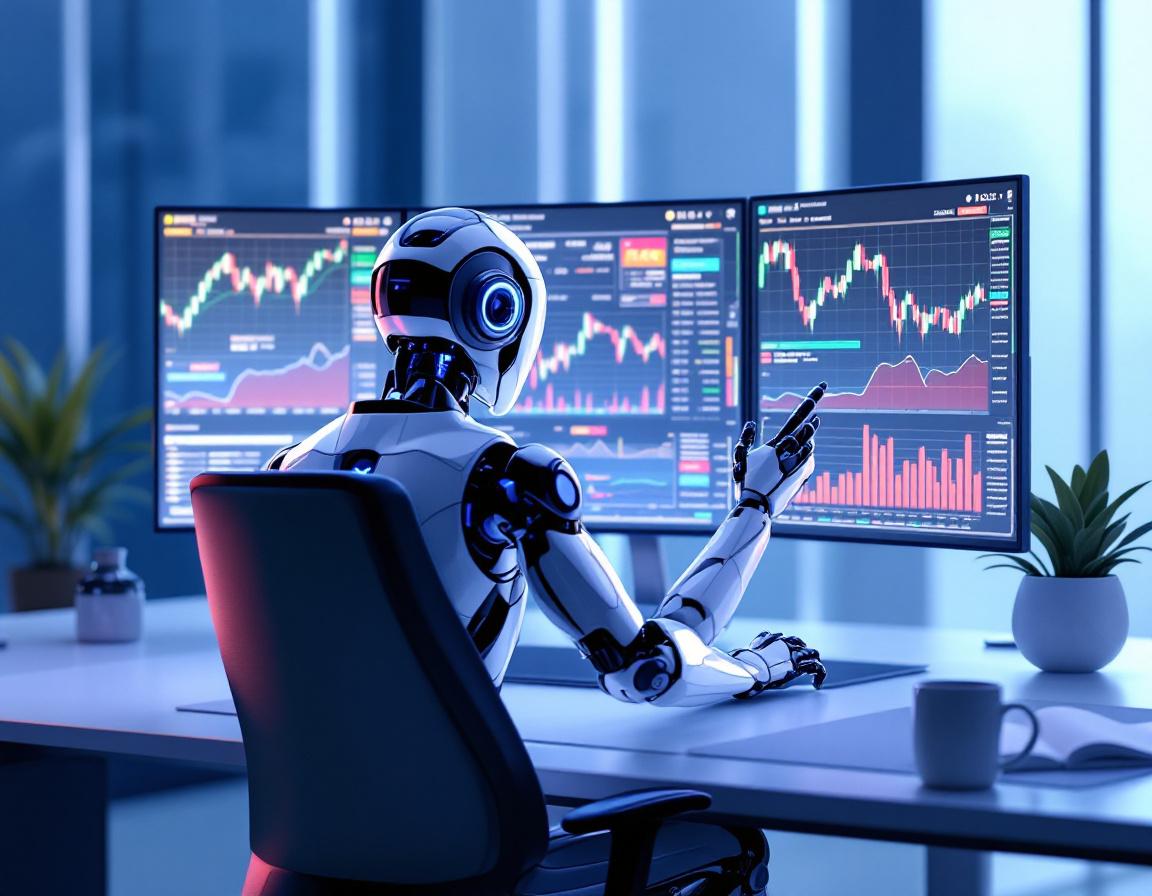 A hyper-realistic AI trading bot analyzes market data at a sleek workstation with vibrant screens.
