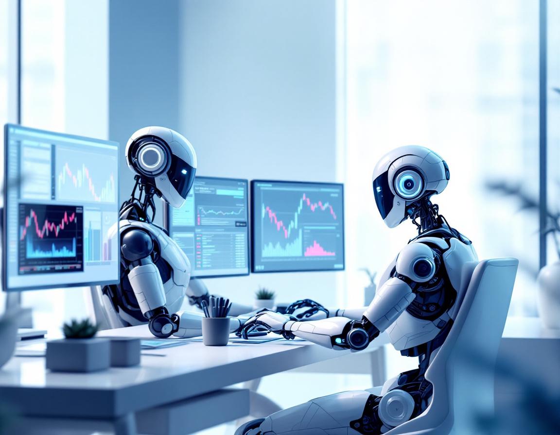 A humanoid AI trading bot analyzes market data at a futuristic workstation with glowing screens.
