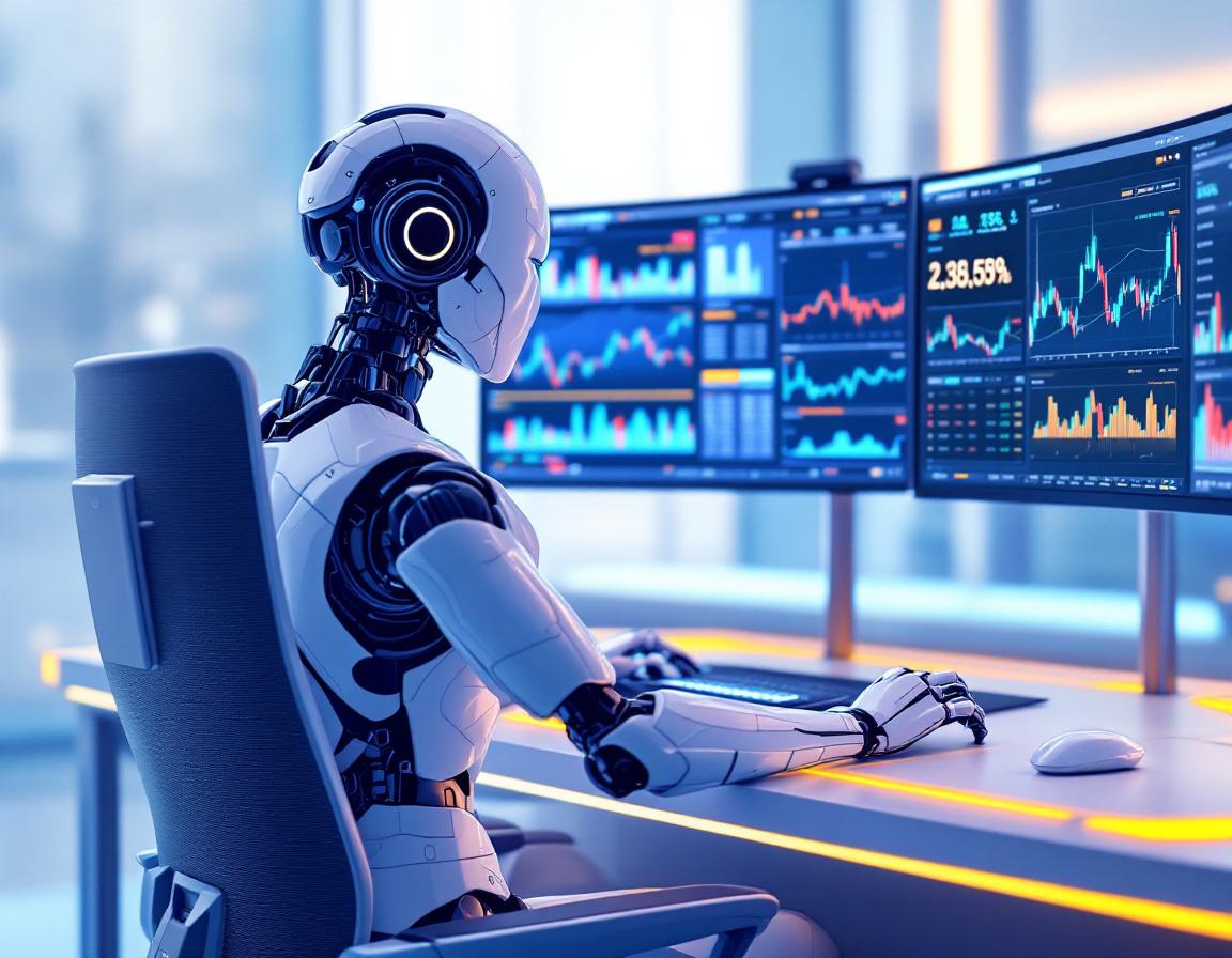 A hyper-realistic AI trading bot at a futuristic workstation analyzing crypto and stock market data.