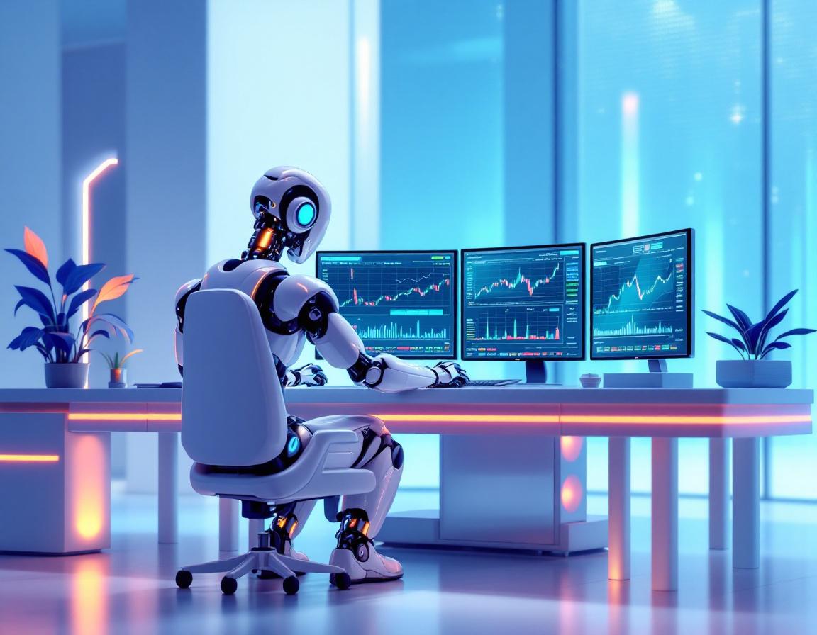 A hyper-realistic AI trading bot in a futuristic setting, analyzing data on multiple screens.