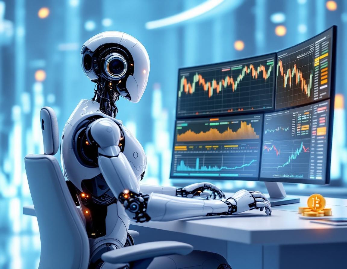 A humanoid AI trading bot at a high-tech workstation analyzing market data on multiple screens.
