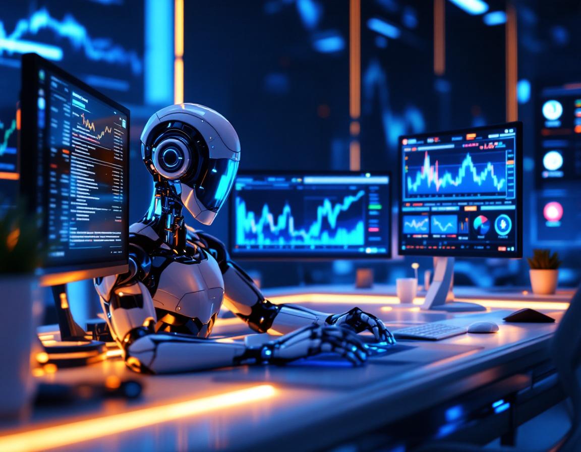A humanoid AI trading bot at a high-tech workstation, analyzing market data across multiple screens.