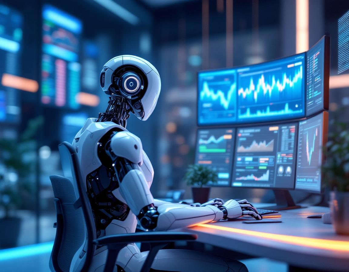 A hyper-realistic AI trading bot at a high-tech workstation analyzing stocks and crypto market data.