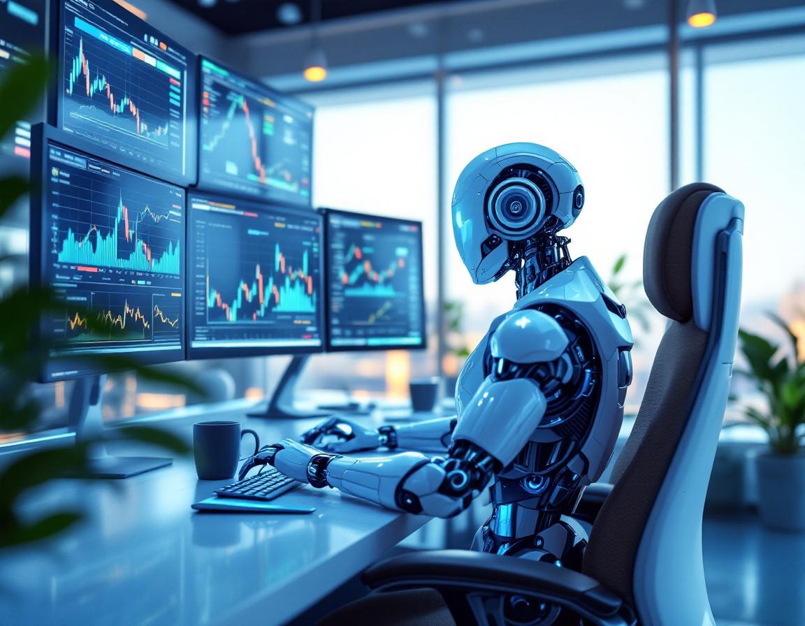 A hyper-realistic AI trading bot at a high-tech workstation, analyzing stock and crypto market data.