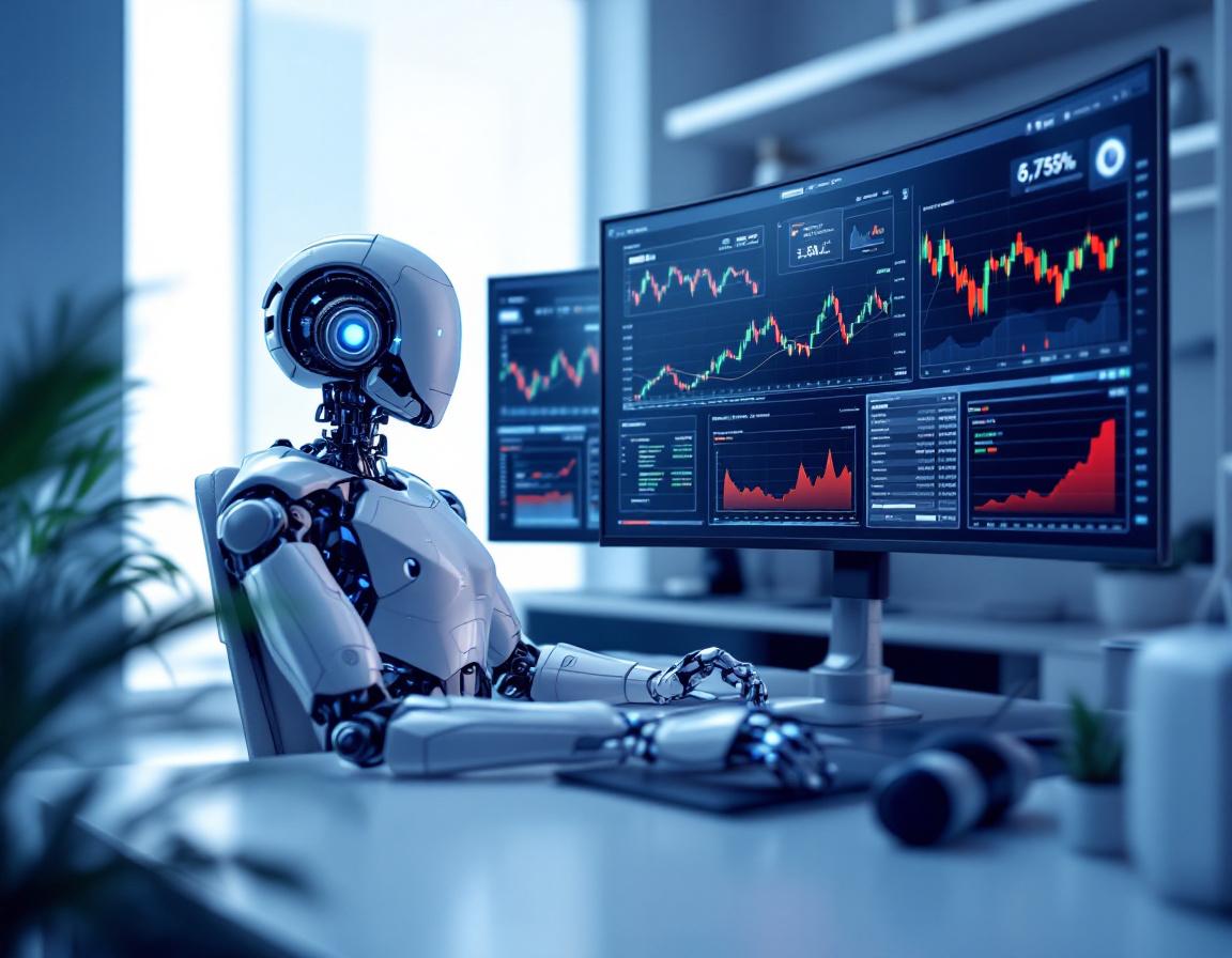 A 3D hyper-realistic AI trading bot at a workstation analyzing market data on multiple screens.
