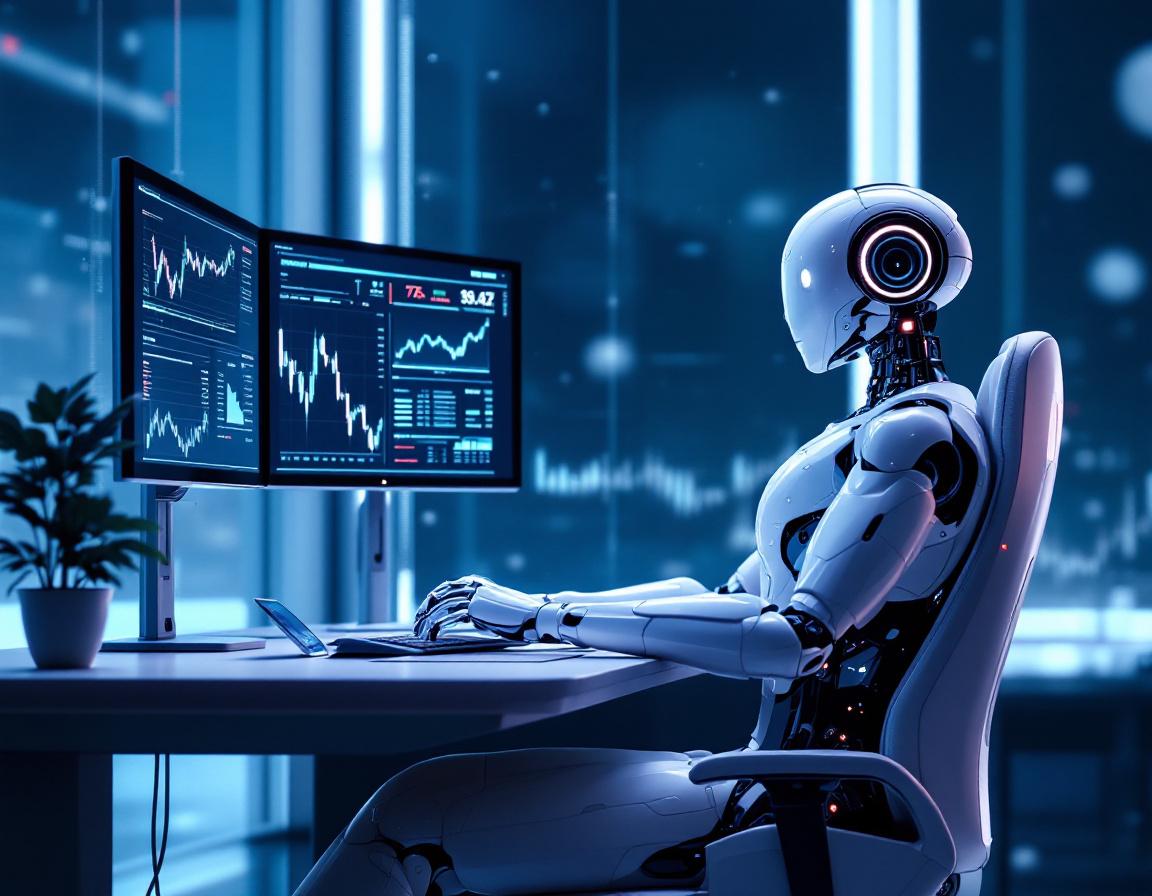 A hyper-realistic AI trading bot in a high-tech environment, analyzing data on multiple screens.