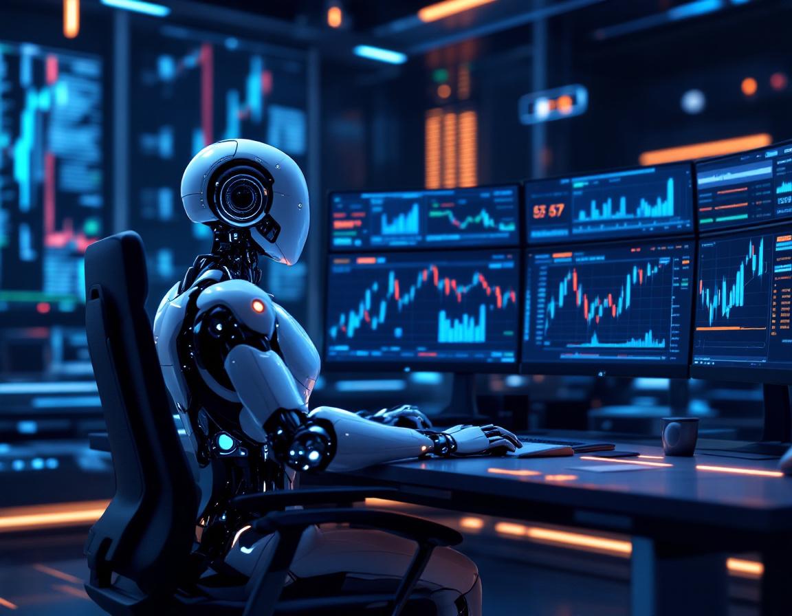A hyper-realistic AI trading bot in a futuristic environment analyzing crypto and stock market data.
