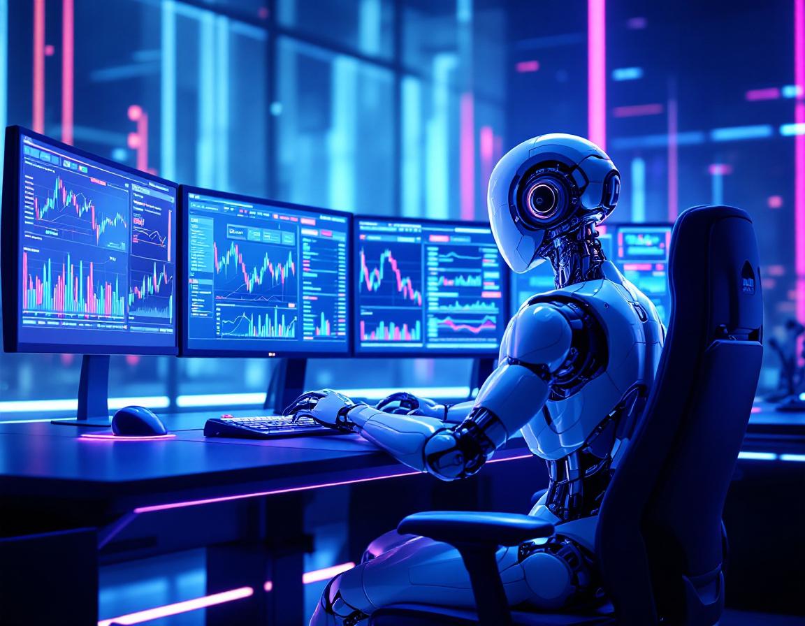 A hyper-realistic AI trading bot at a workstation, analyzing market data on multiple screens in 3D.