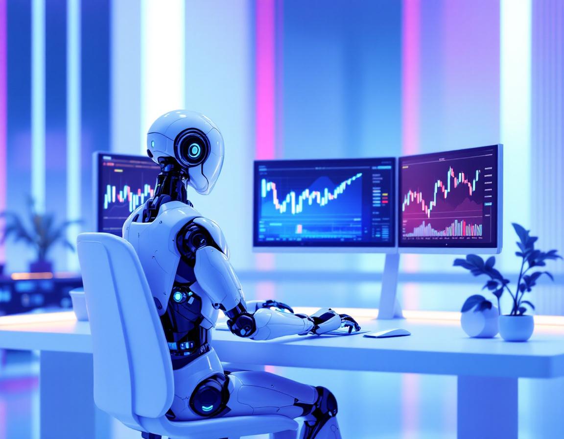 A humanoid AI trading bot analyzes market data at a futuristic workstation with multiple screens.