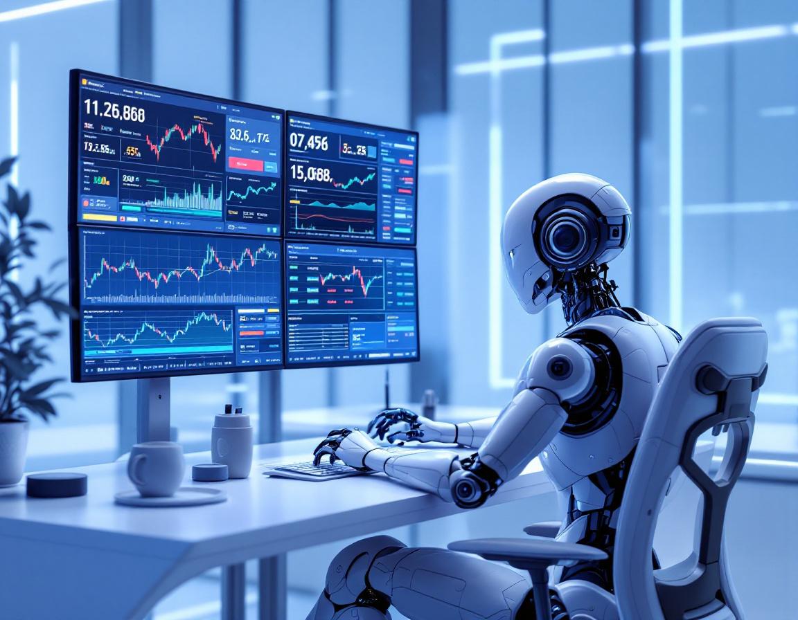 A hyper-realistic AI trading bot analyzes data at a high-tech workstation in a futuristic setting.