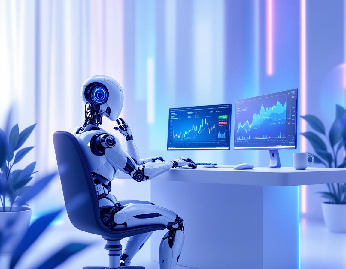 A humanoid AI trading bot at a workstation analyzes market data on screens in a futuristic setting.