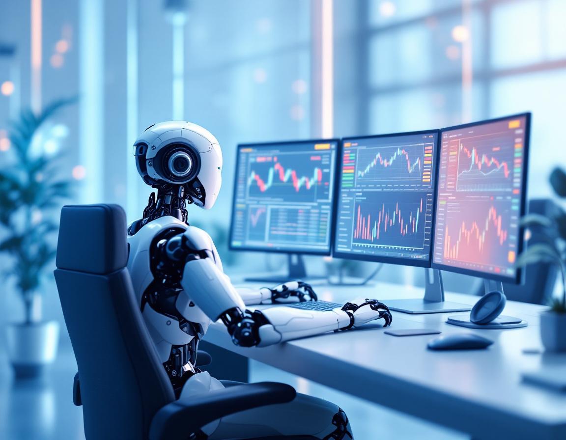 A humanoid AI trading bot analyzes market data at a futuristic workstation with blue and white hues.