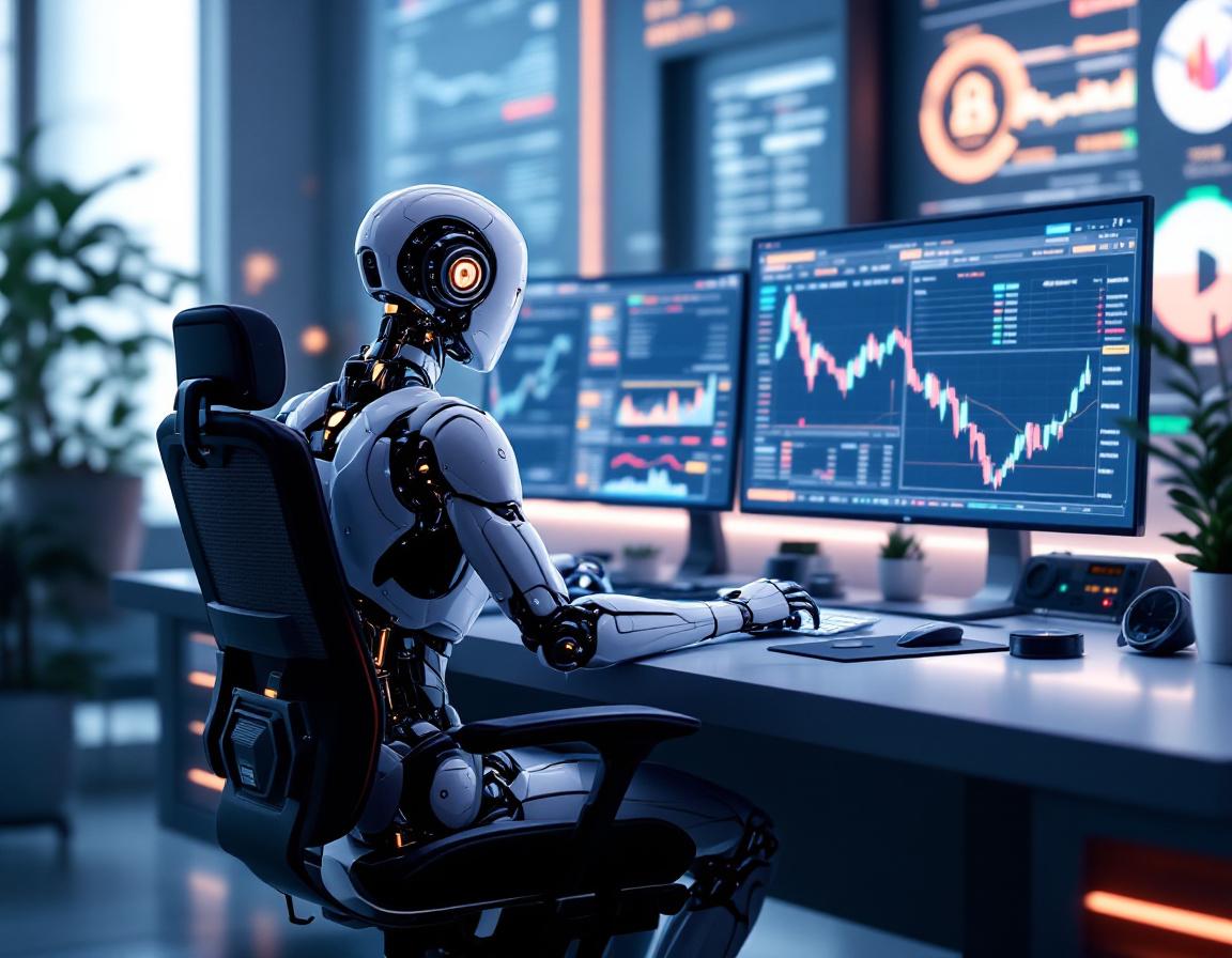 A hyper-realistic AI trading bot analyzes market data at a sleek workstation with multiple screens.