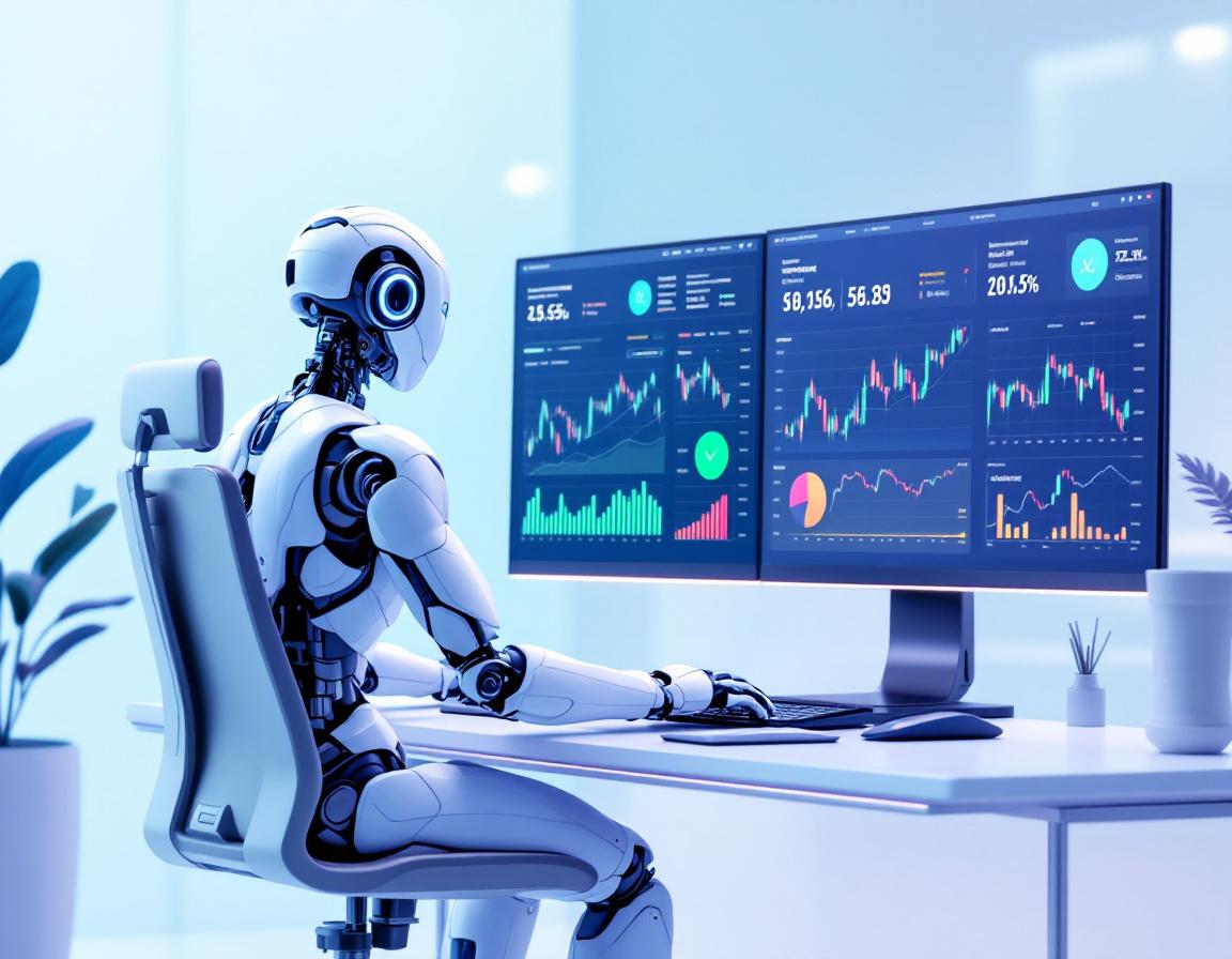 A sleek humanoid AI trading bot analyzes data in a high-tech workstation with multiple screens.