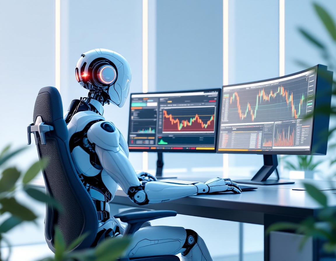 A sleek humanoid AI trading bot at a high-tech workstation analyzes market data on glowing screens.