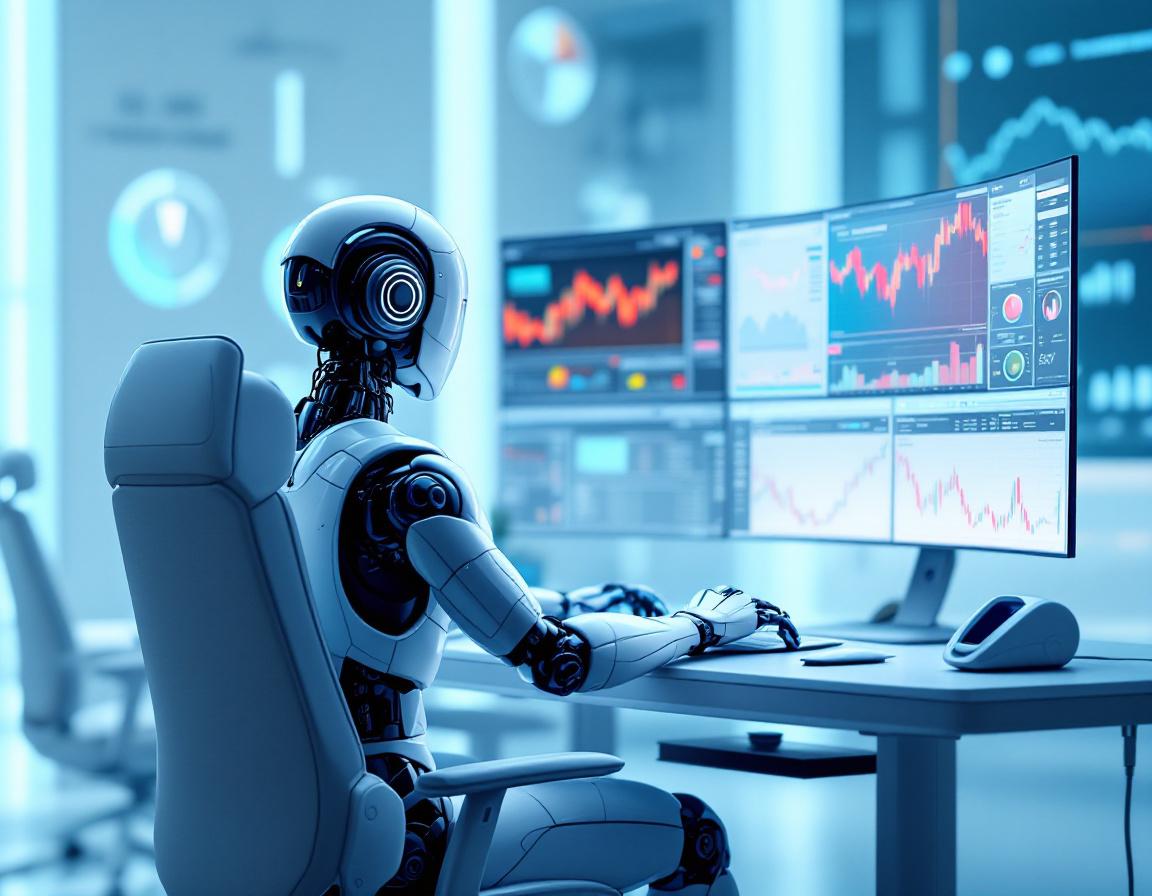 A hyper-realistic AI trading bot analyzing market data in a futuristic financial environment.