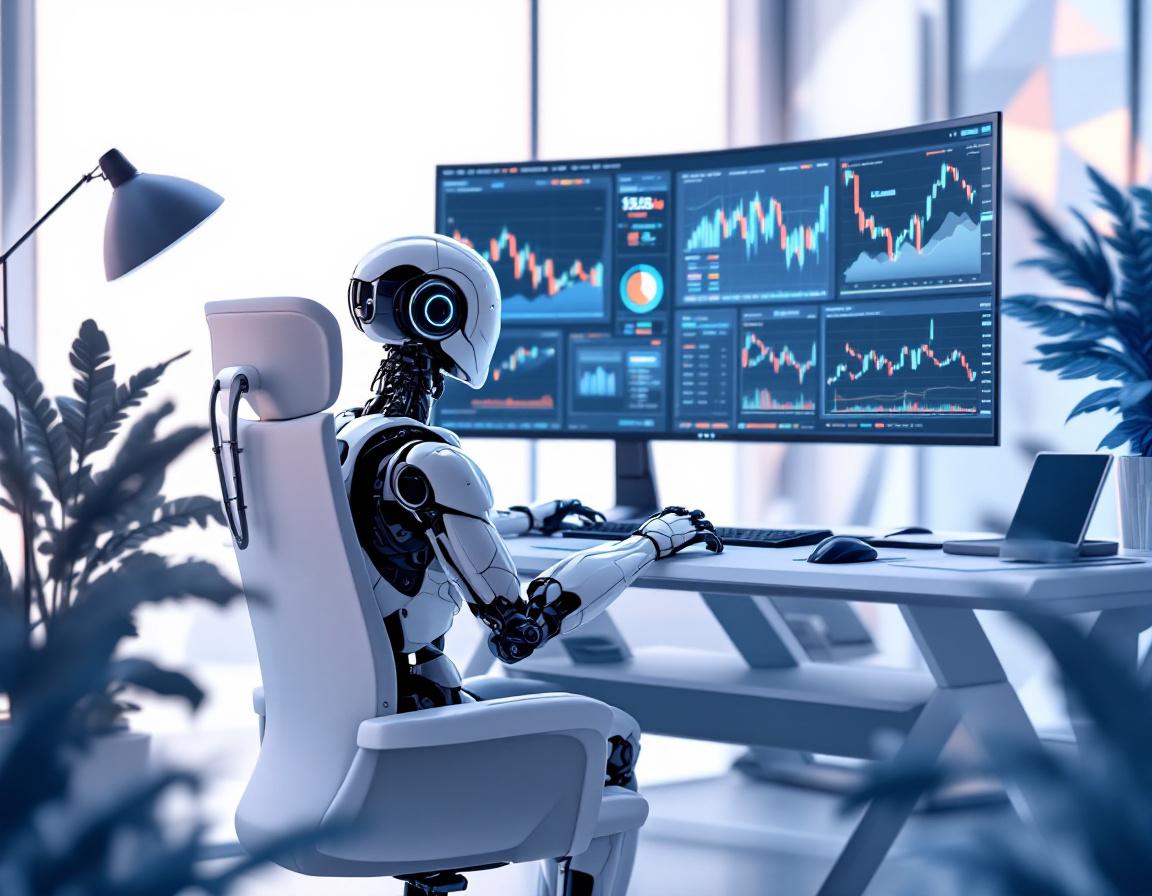 A humanoid AI trading bot analyzes market data at a high-tech workstation, with glowing screens.