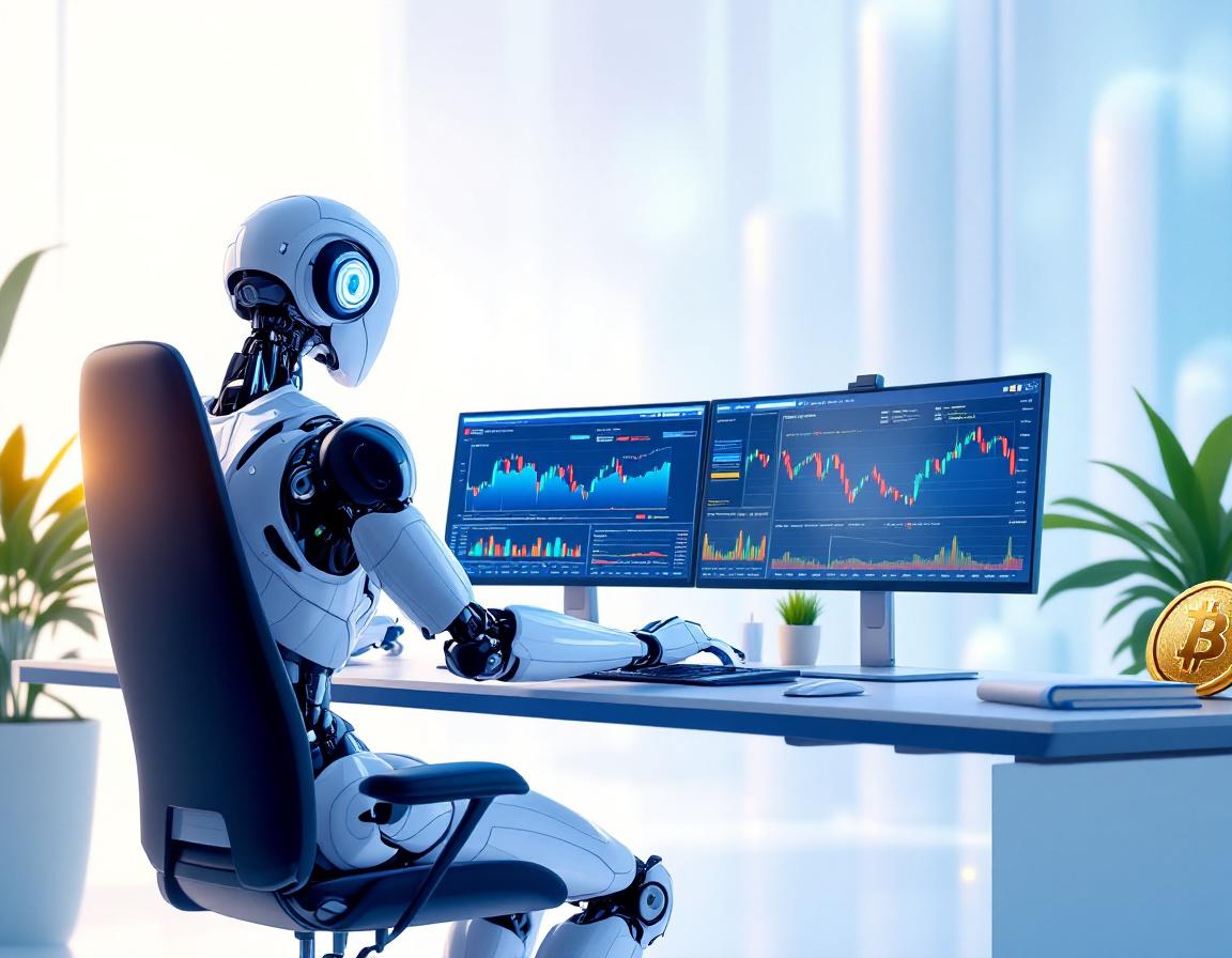 A humanoid AI trading bot analyzes market data at a futuristic workstation with multiple screens.