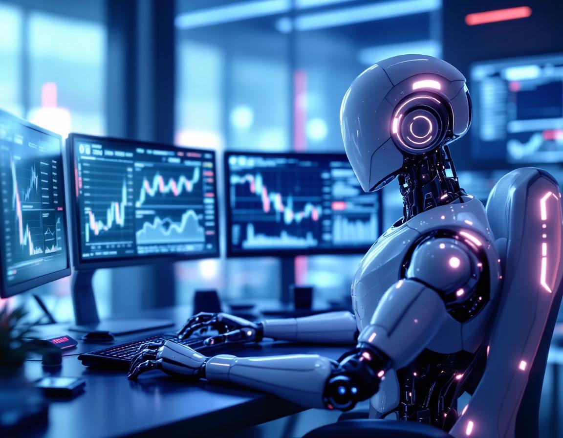 A humanoid AI trading bot at a high-tech workstation analyzing market data on multiple screens.