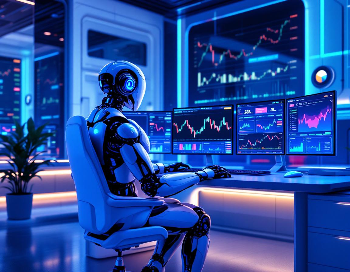 A humanoid AI trading bot analyzes market data at a futuristic workstation with multiple screens.