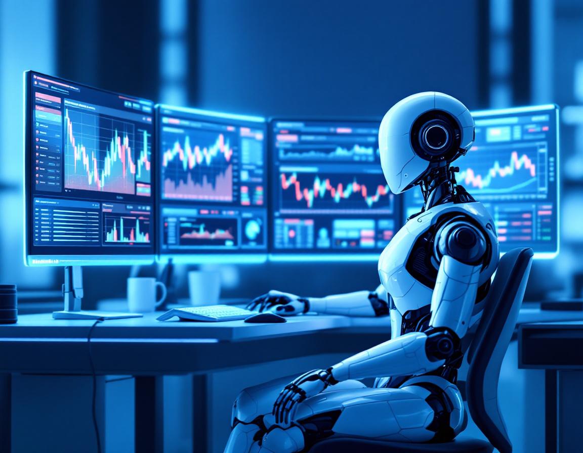 A highly detailed AI trading bot in a futuristic workspace analyzing markets on multiple screens.