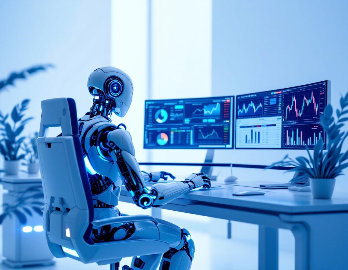 A hyper-realistic AI trading bot at a workstation analyzing crypto market data on multiple screens.