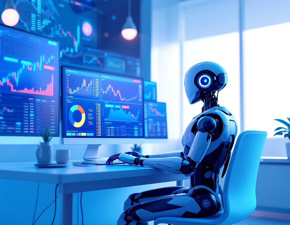 A humanoid AI trading bot analyzes market data at a modern workstation surrounded by screens.