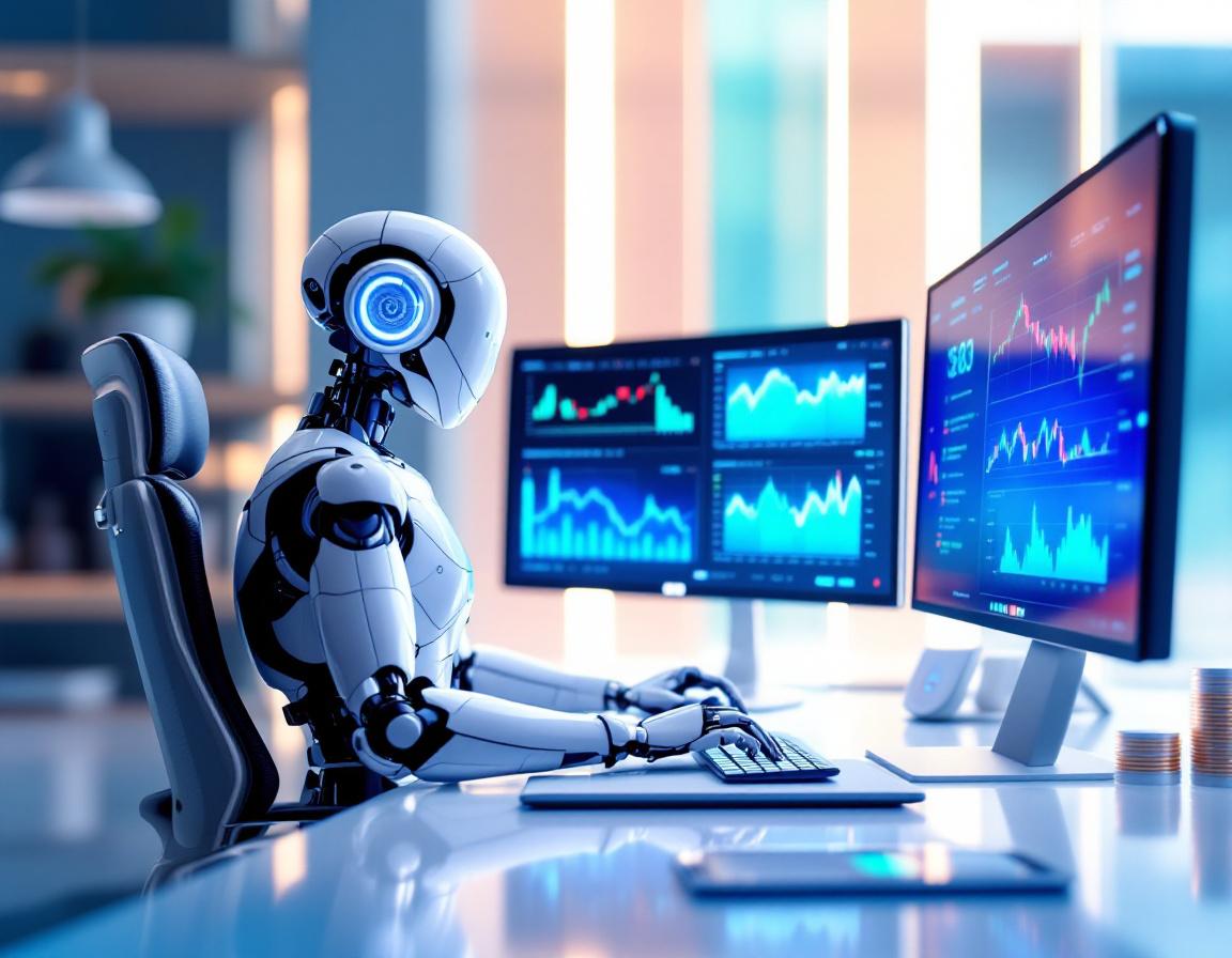 A hyper-realistic AI trading bot analyzes market data on multiple screens in a futuristic setting.