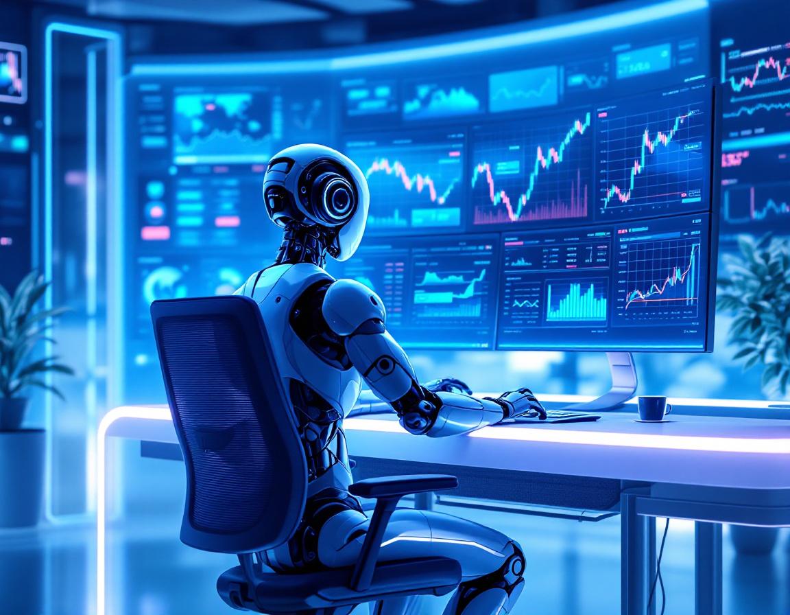 A humanoid AI trading bot analyzes market data at a high-tech workstation with multiple screens.
