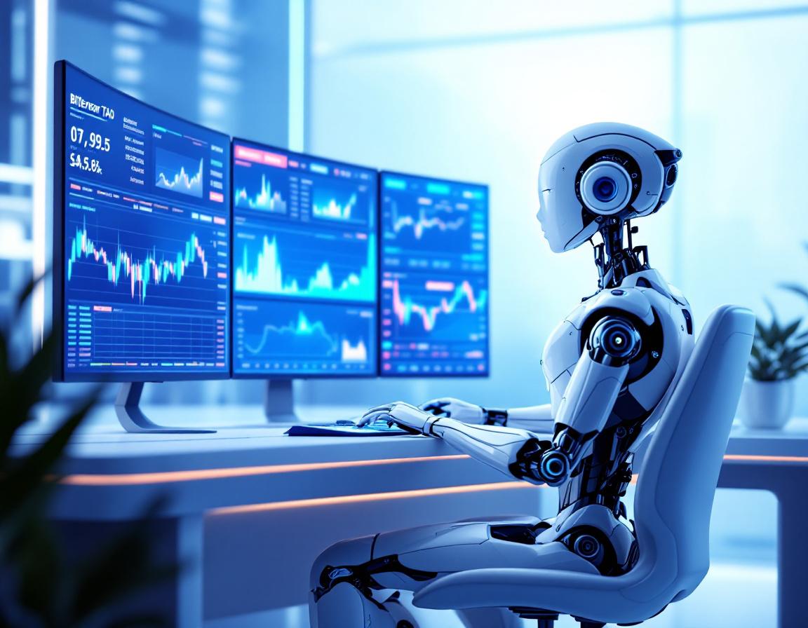 A humanoid AI trading bot analyzes market data at a high-tech workstation with glowing screens.