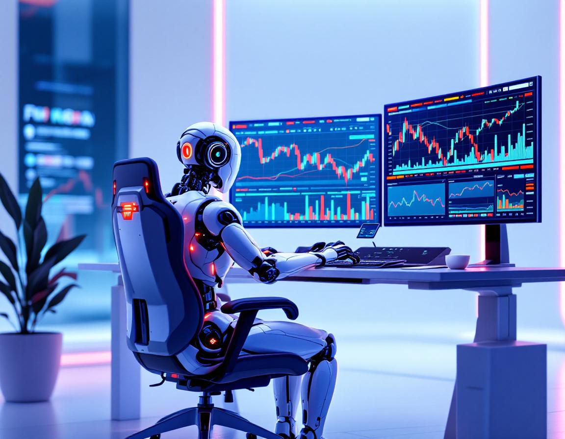 A humanoid AI trading bot analyzes market data at a futuristic workstation with multiple screens.