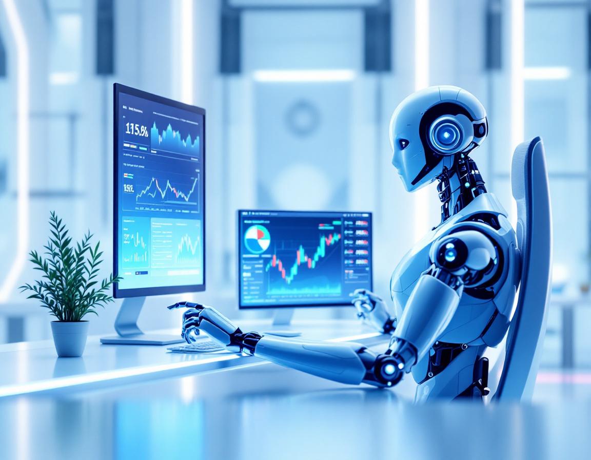 A hyper-realistic AI trading bot at a workstation analyzing market data across multiple screens.