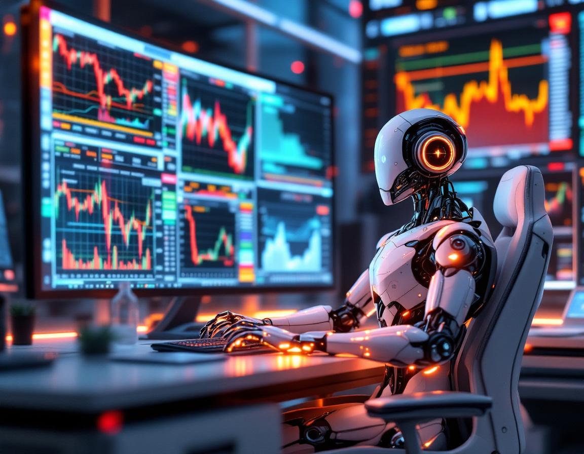 A humanoid AI trading bot at a workstation analyzing multiple screens with stock and crypto charts.