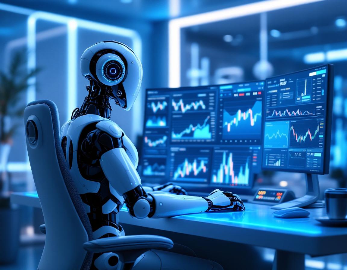 A humanoid AI trading bot sits at a high-tech workstation analyzing market data on multiple screens.