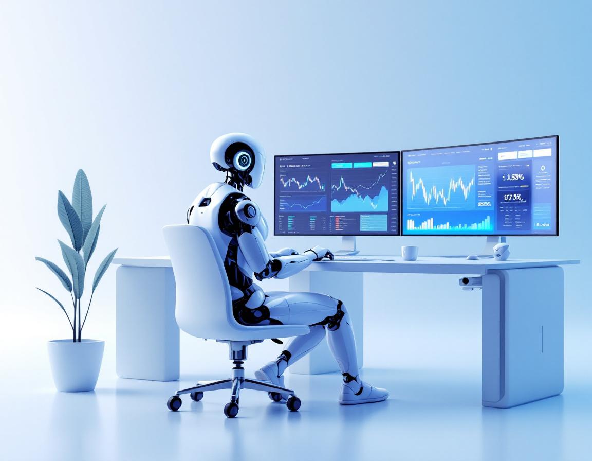 A futuristic AI trading bot analyzes market data at a sleek workstation displaying crypto charts.