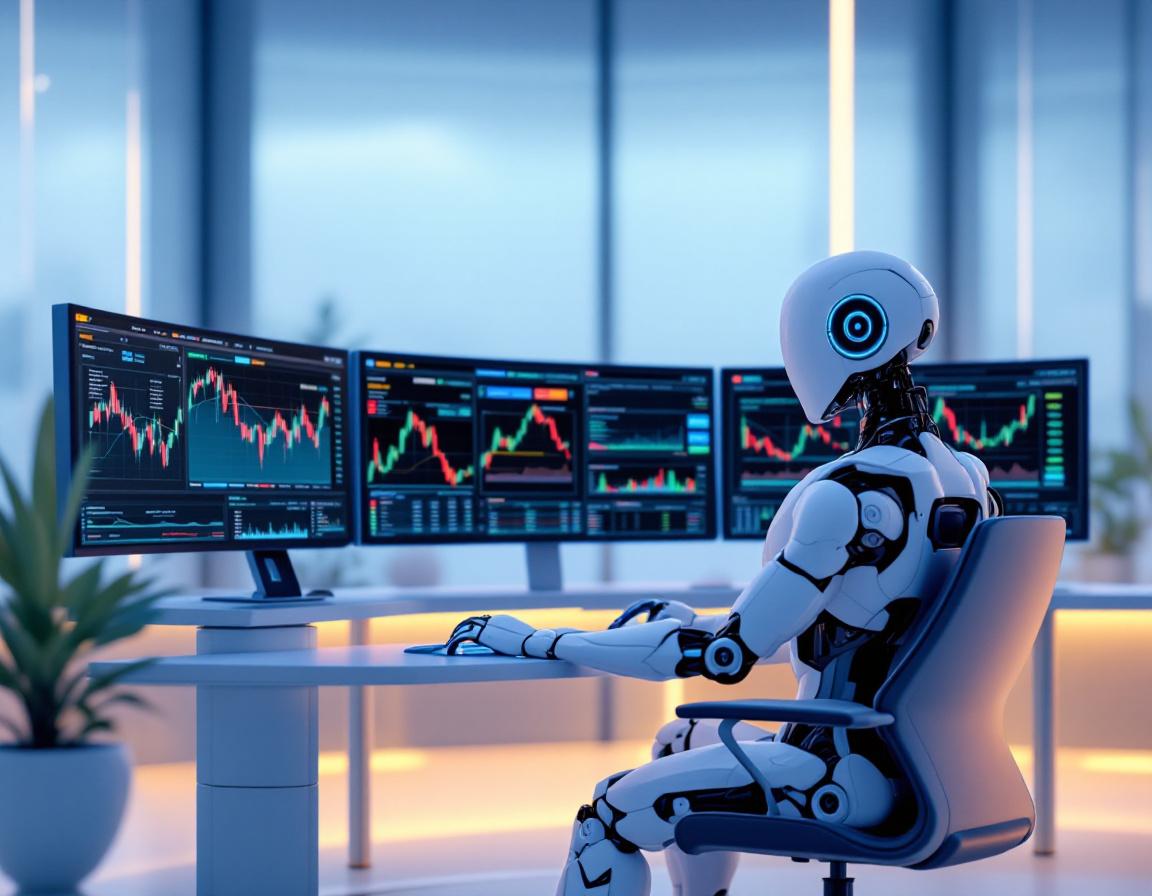 A hyper-realistic AI trading bot at a workstation analyzing market data on multiple digital screens.