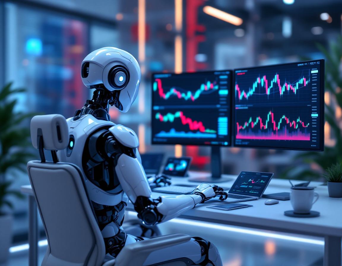 A hyper-realistic AI trading bot in a futuristic workstation analyzes data on multiple screens.