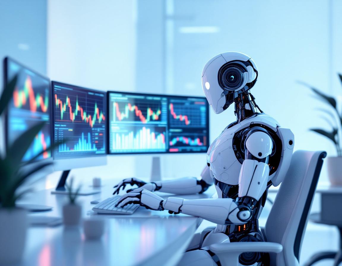 A hyper-realistic AI trading bot in a futuristic setting, analyzing data on multiple screens.