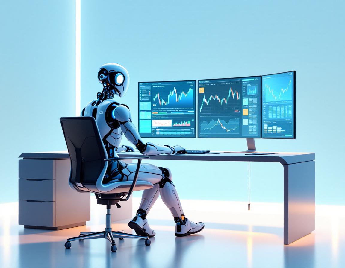 A humanoid AI trading bot analyzes market data at a futuristic workstation with glowing screens.