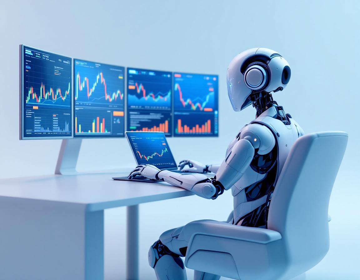 A hyper-realistic AI trading bot analyzes market data at a sleek workstation with glowing screens.