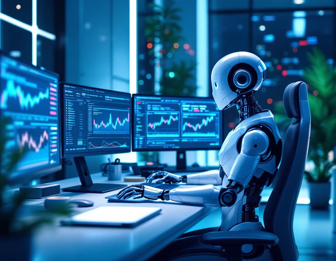A humanoid AI trading bot analyzes market data at a high-tech workstation surrounded by screens.