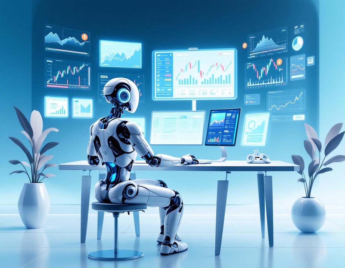 A hyper-realistic AI trading bot at a workstation analyzing market data on multiple screens.