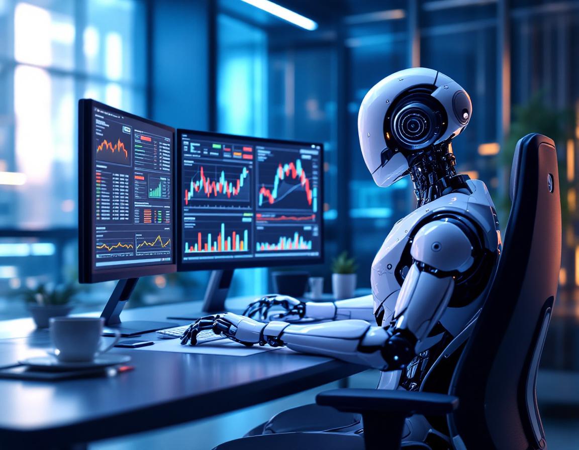 A hyper-realistic AI trading bot at a high-tech workstation, analyzing data on multiple screens.