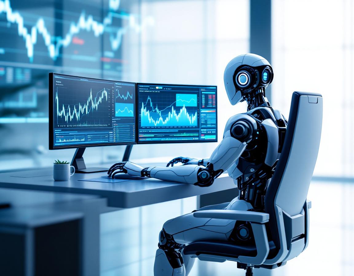 A hyper-realistic AI trading bot at a workstation, analyzing data on screens in a futuristic setup.