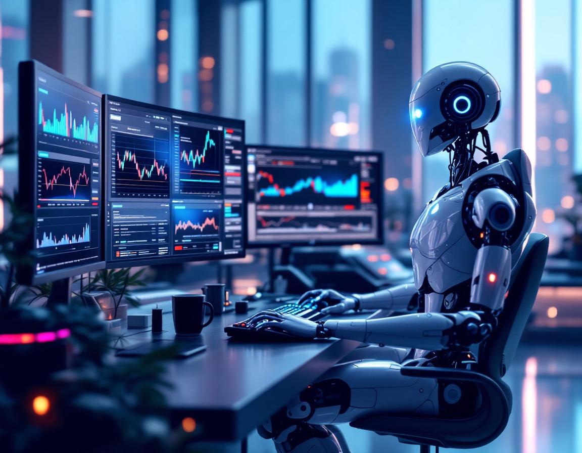 A hyper-realistic AI trading bot at a workstation analyzing market data on multiple screens, in 3D.