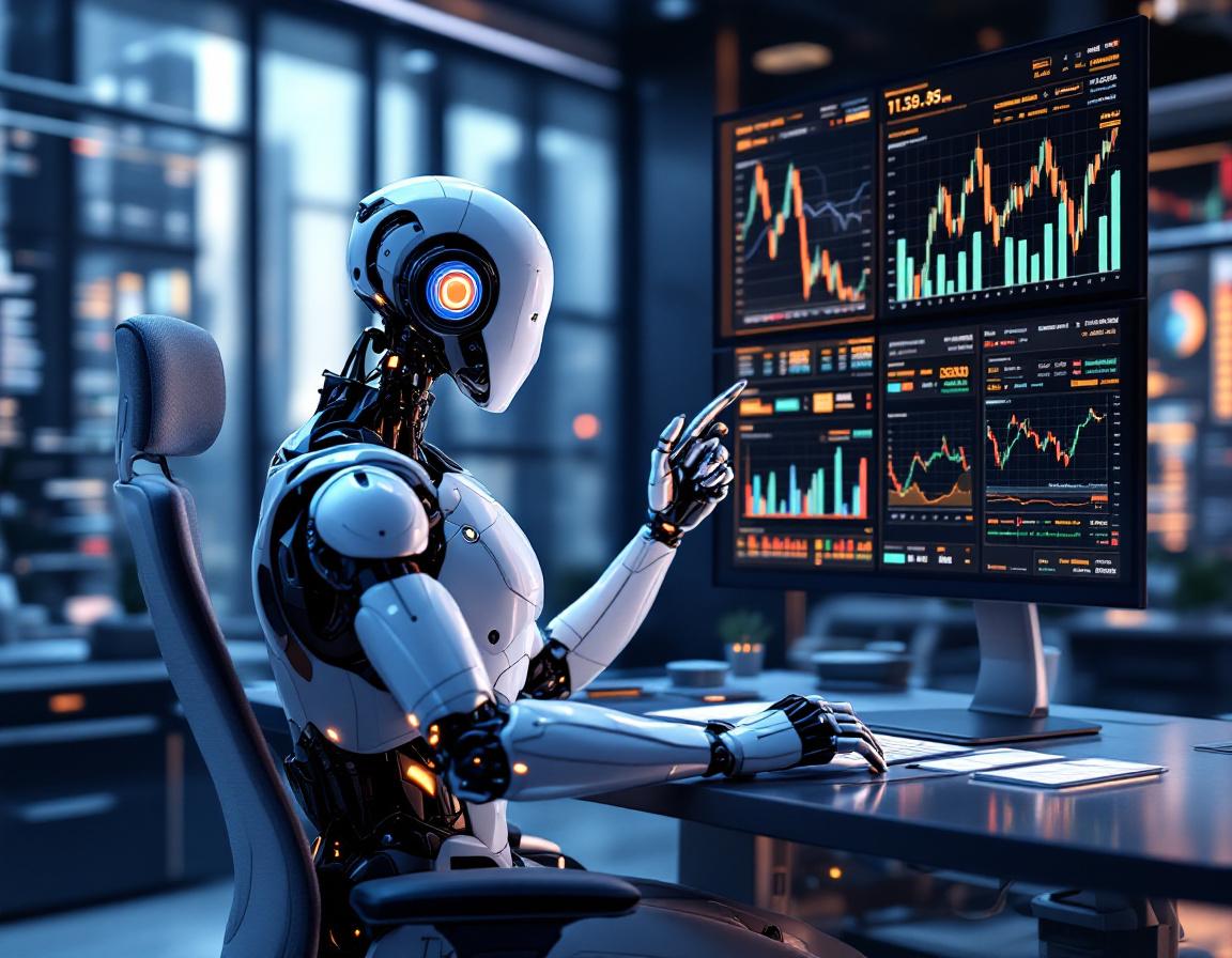 A humanoid AI trading bot at a high-tech workstation analyzing market data on multiple screens.