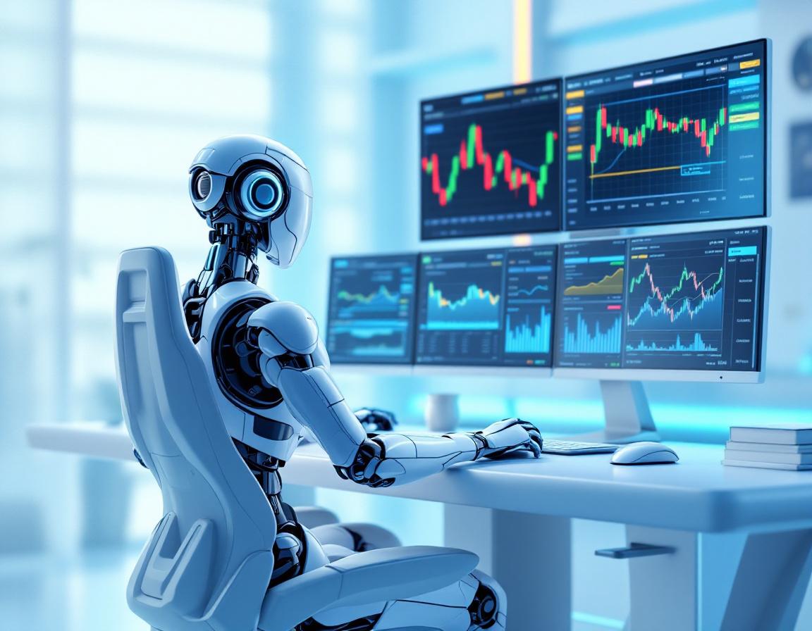 A highly detailed, humanoid AI trading bot at a high-tech workstation, analyzing crypto market data.