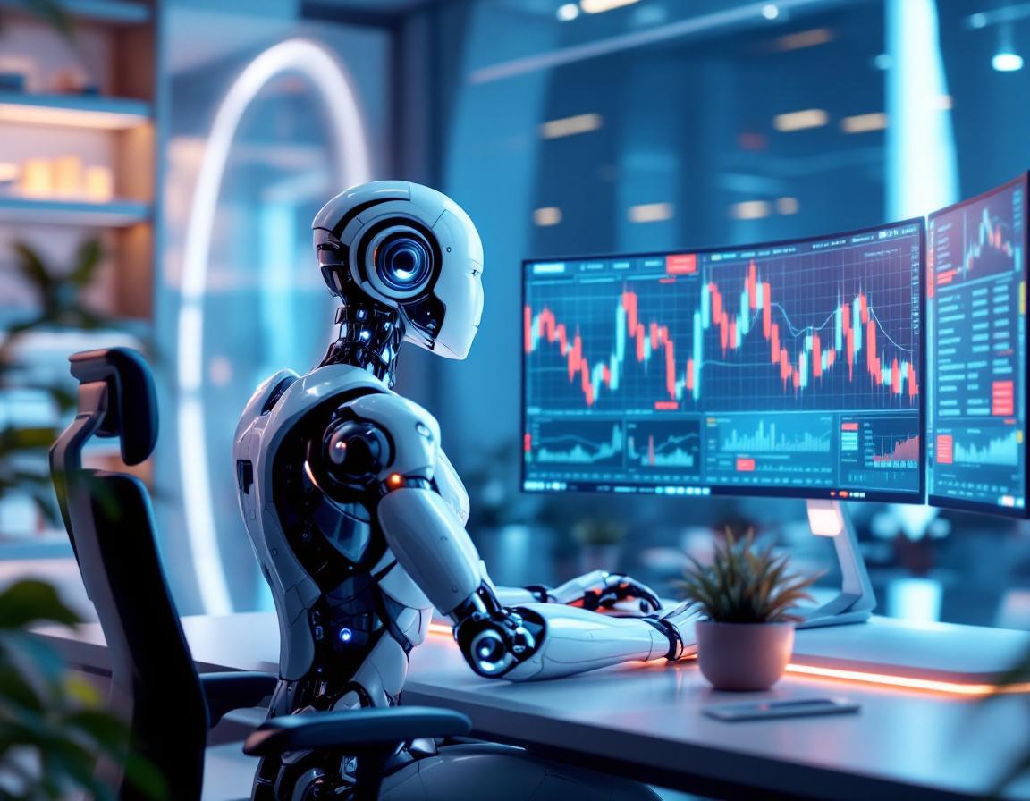 A humanoid AI trading bot analyzes market data at a high-tech workstation with glowing screens.