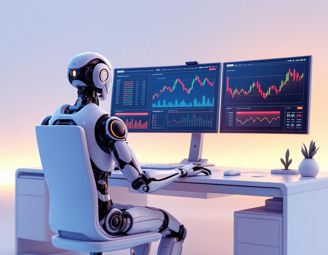 A humanoid AI trading bot at a high-tech workstation analyzing market data on multiple screens.