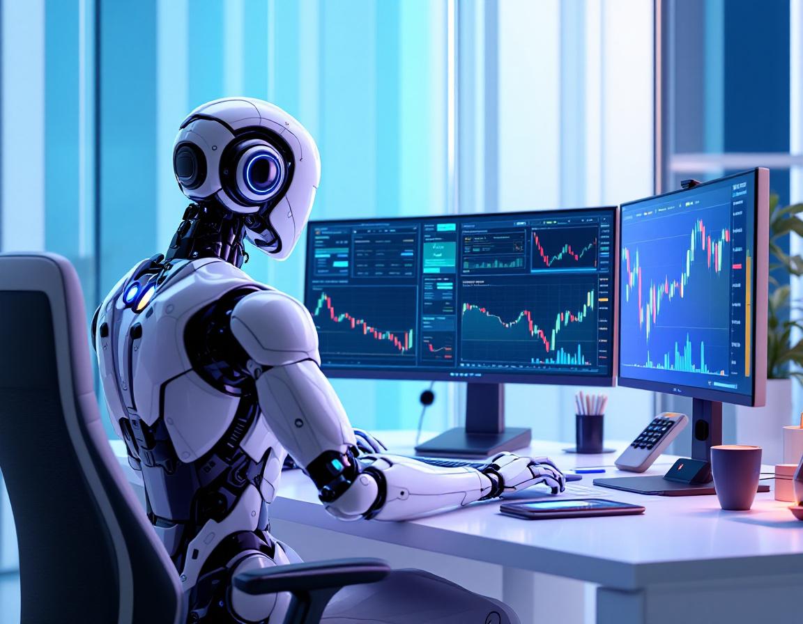 A humanoid AI trading bot analyzes market data at a high-tech workstation with multiple screens.